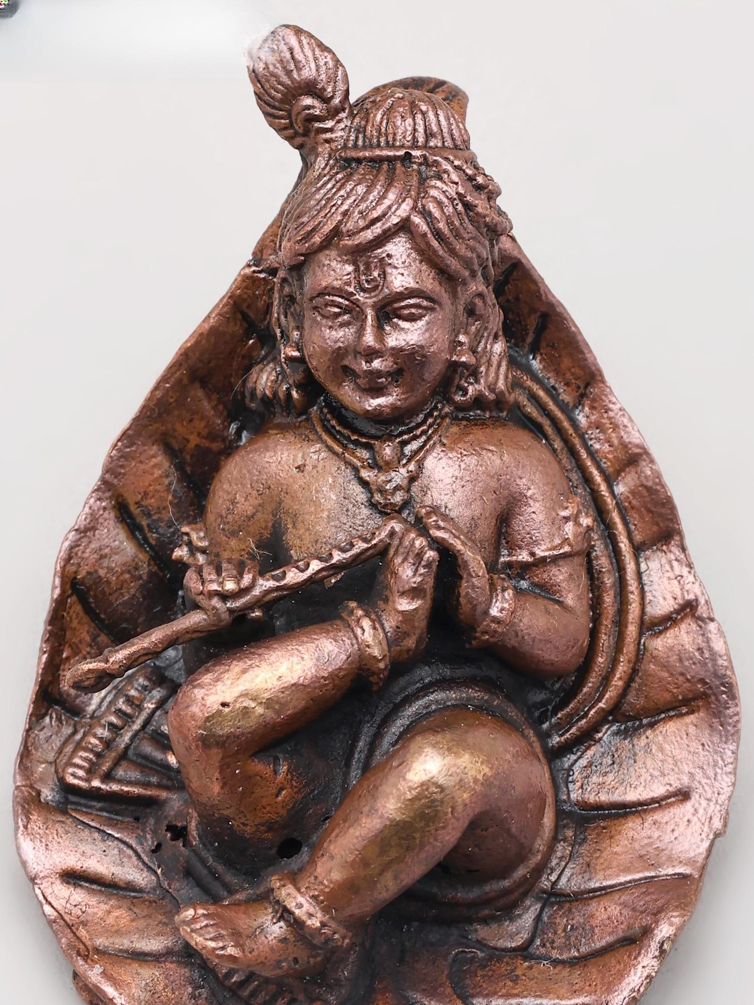 Small Navaneeth Krishna on Leaf with Flute | Handmade | Copper Statue - 2