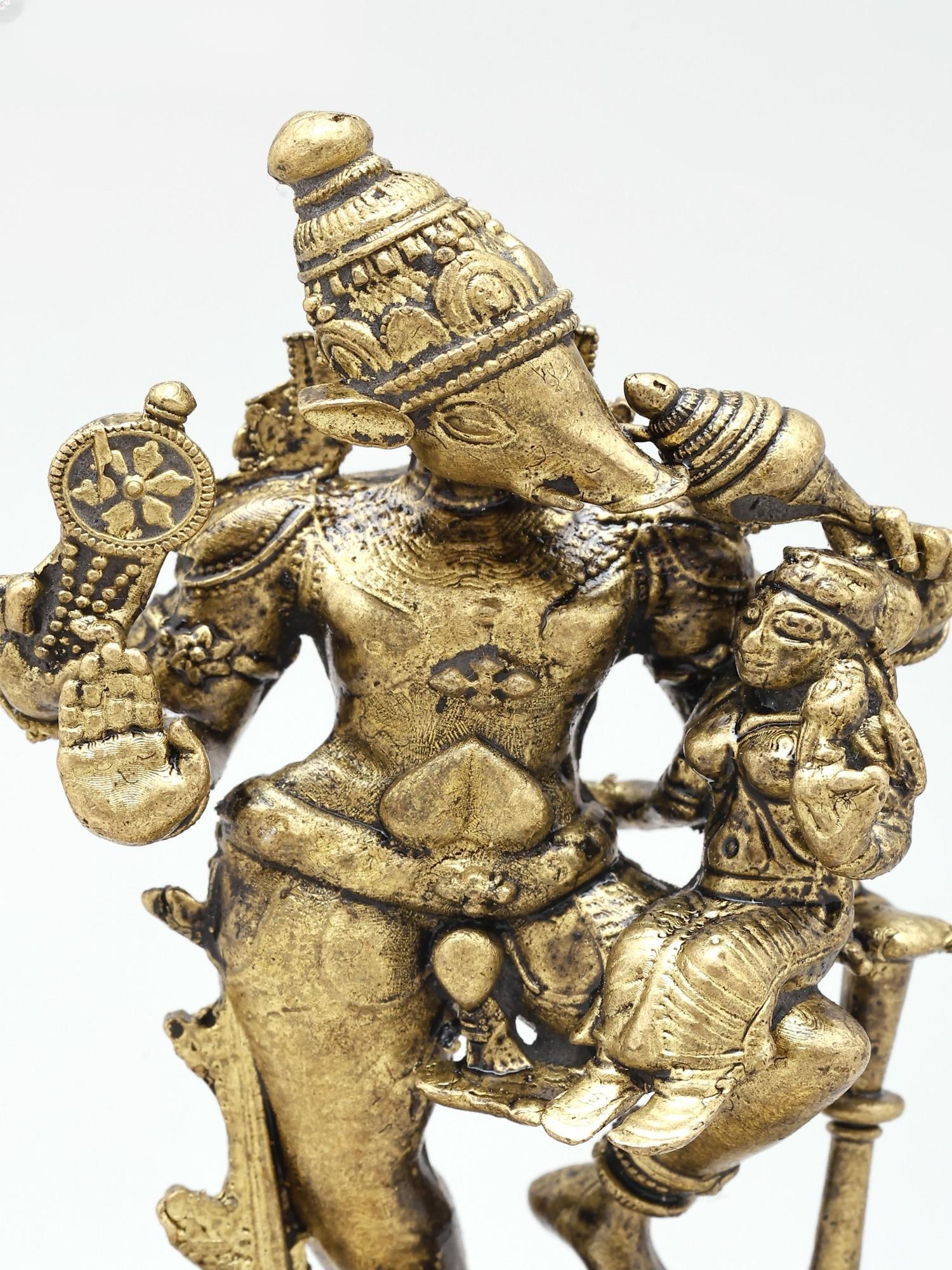 3" Small Four Armed Lord Vishnu as Varaha with Devi Lakshmi | Handmade | Copper Statue - 2