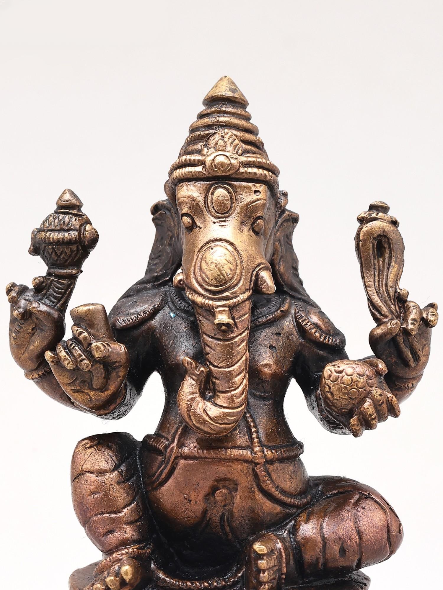 4" Small Lord Ganesha and Mushak Seated on Pedestal | Handmade | Copper Statue - 2
