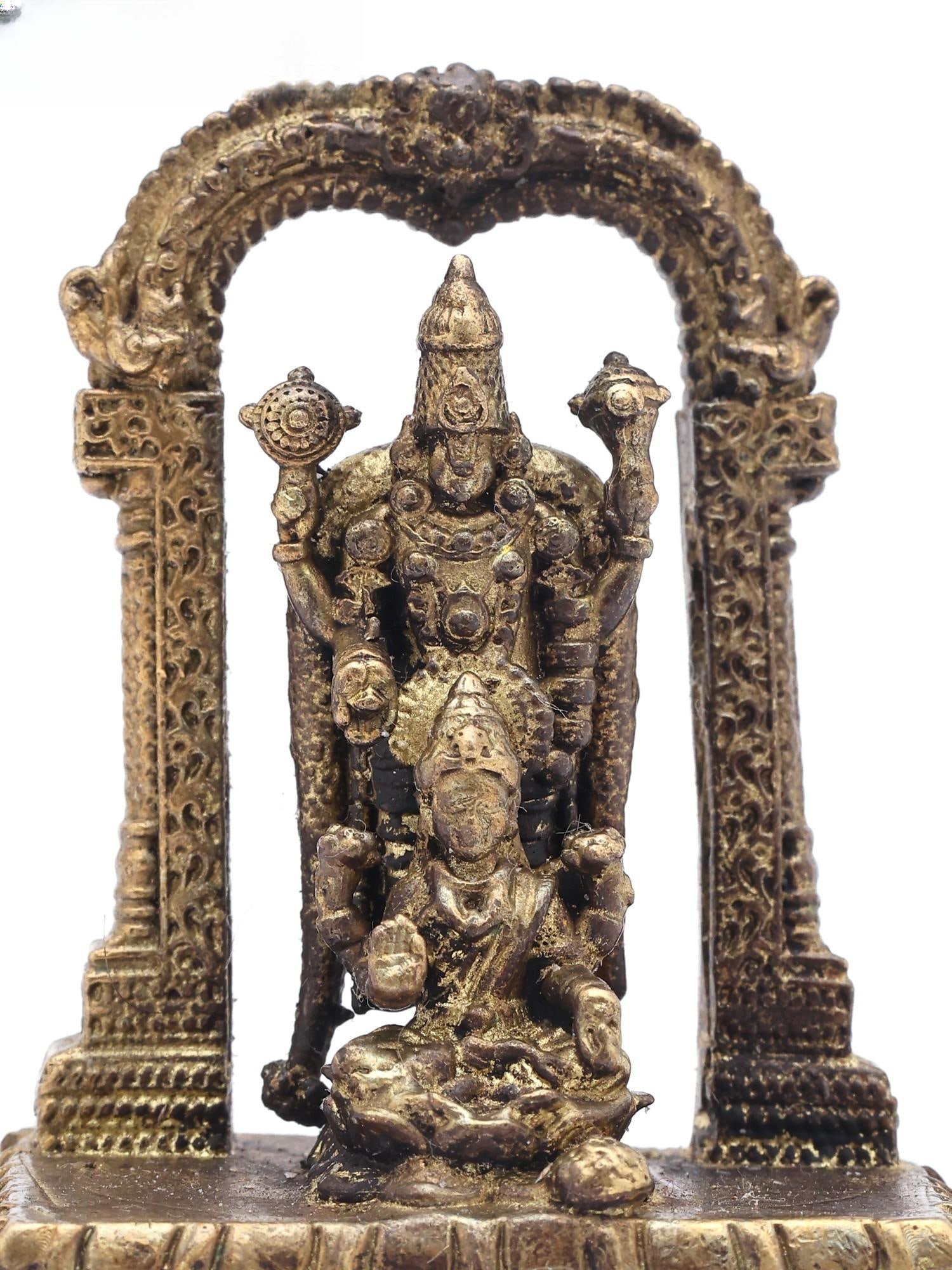 Small Lord Tirupati Balaji with Devi Lakshmi on Kirtimukha Arch | Copper Statue | Made in India - 2