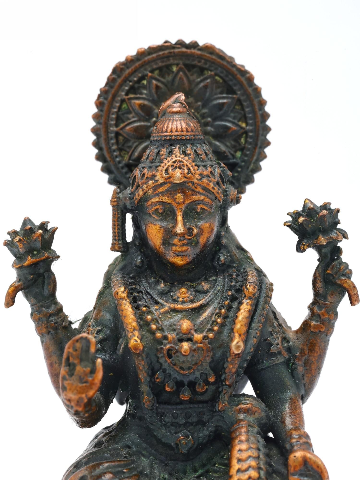 2" Small Four Armed Goddess Dhanalakshmi Seated on Lotus Throne | Brass Statue | Made in India - 2