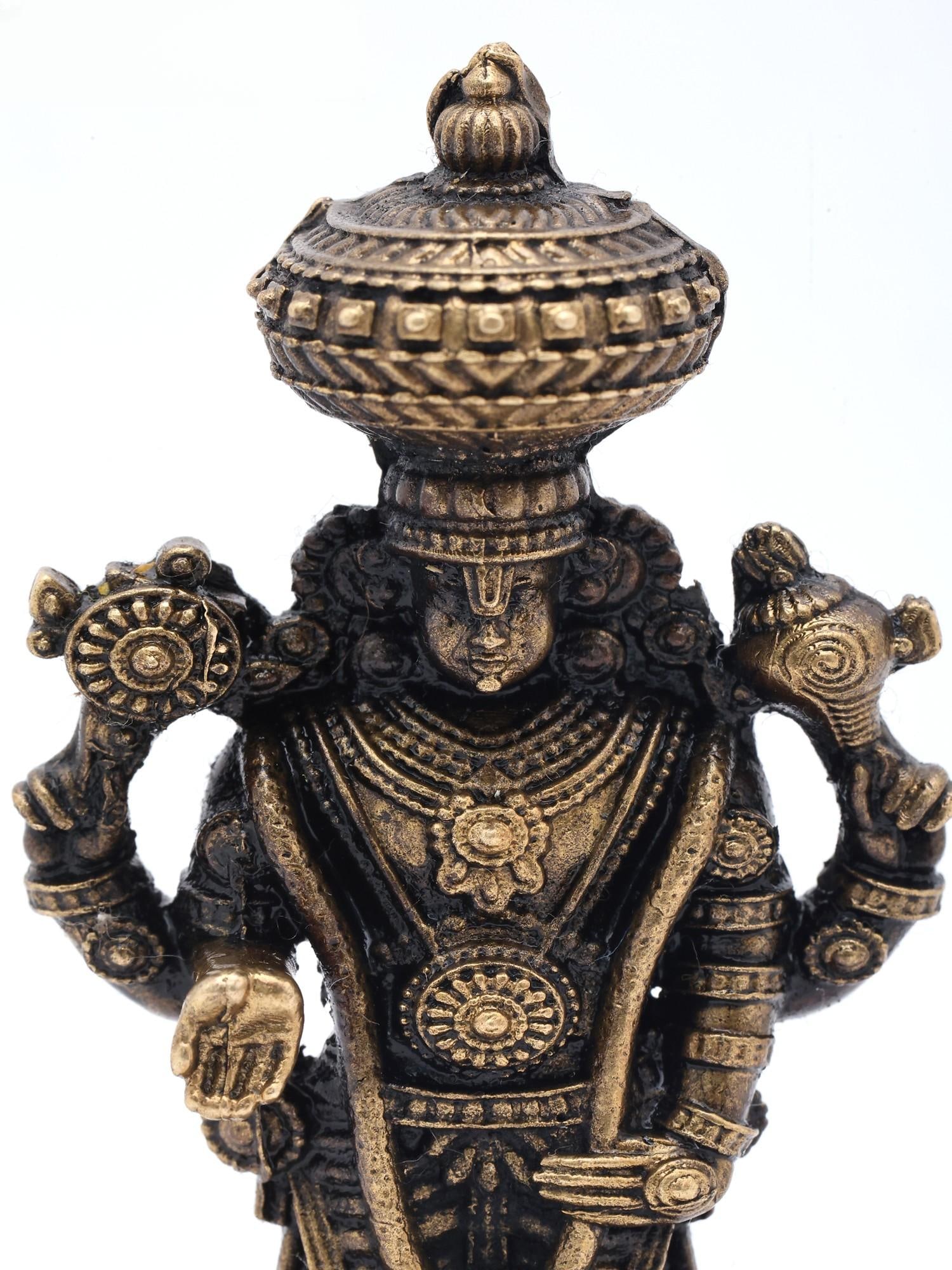 3" Small Lord Tirupati Balaji (Form of Lord Vishnu) Standing on Lotus Pedestal | Copper Statue | - 2