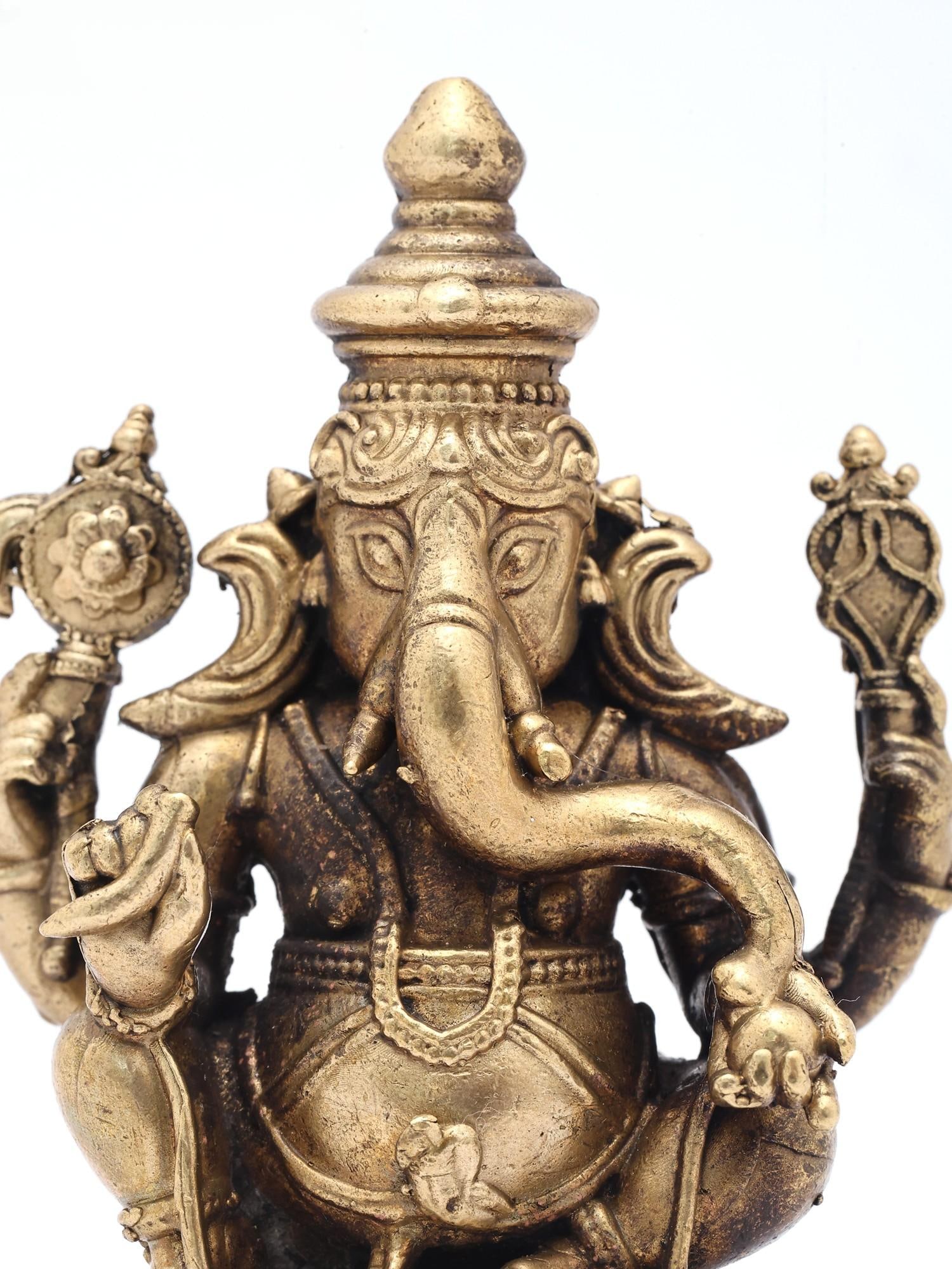 3" Small Four Armed Lord Ganesha Idol for Prosperity and Auspicious Beginnings | Copper Statue | - 2