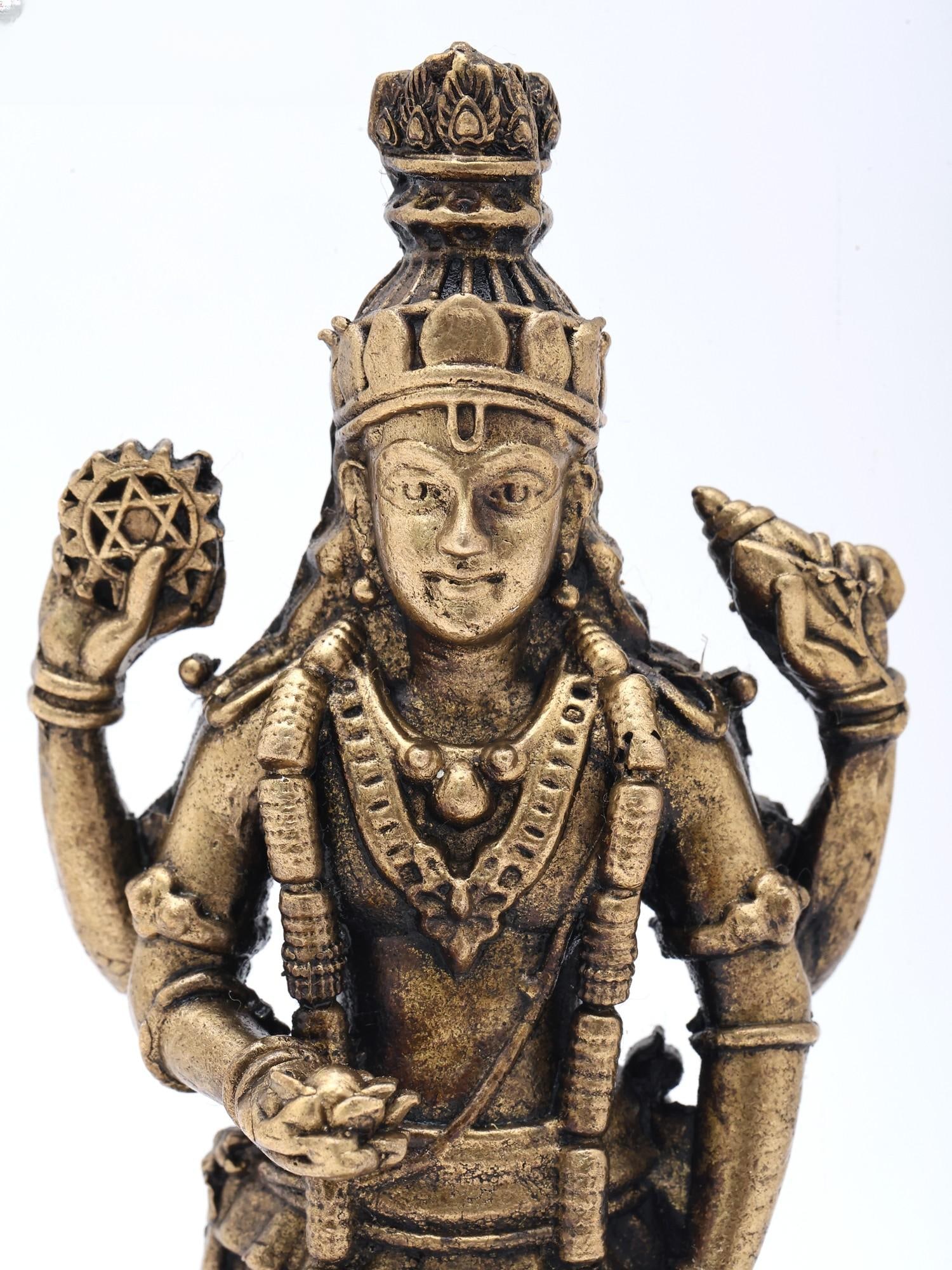 5" Small Lord Vishnu Standing on Lotus with Shankh, Chakra, Gada & Padma | Copper Statue | Made in - 2