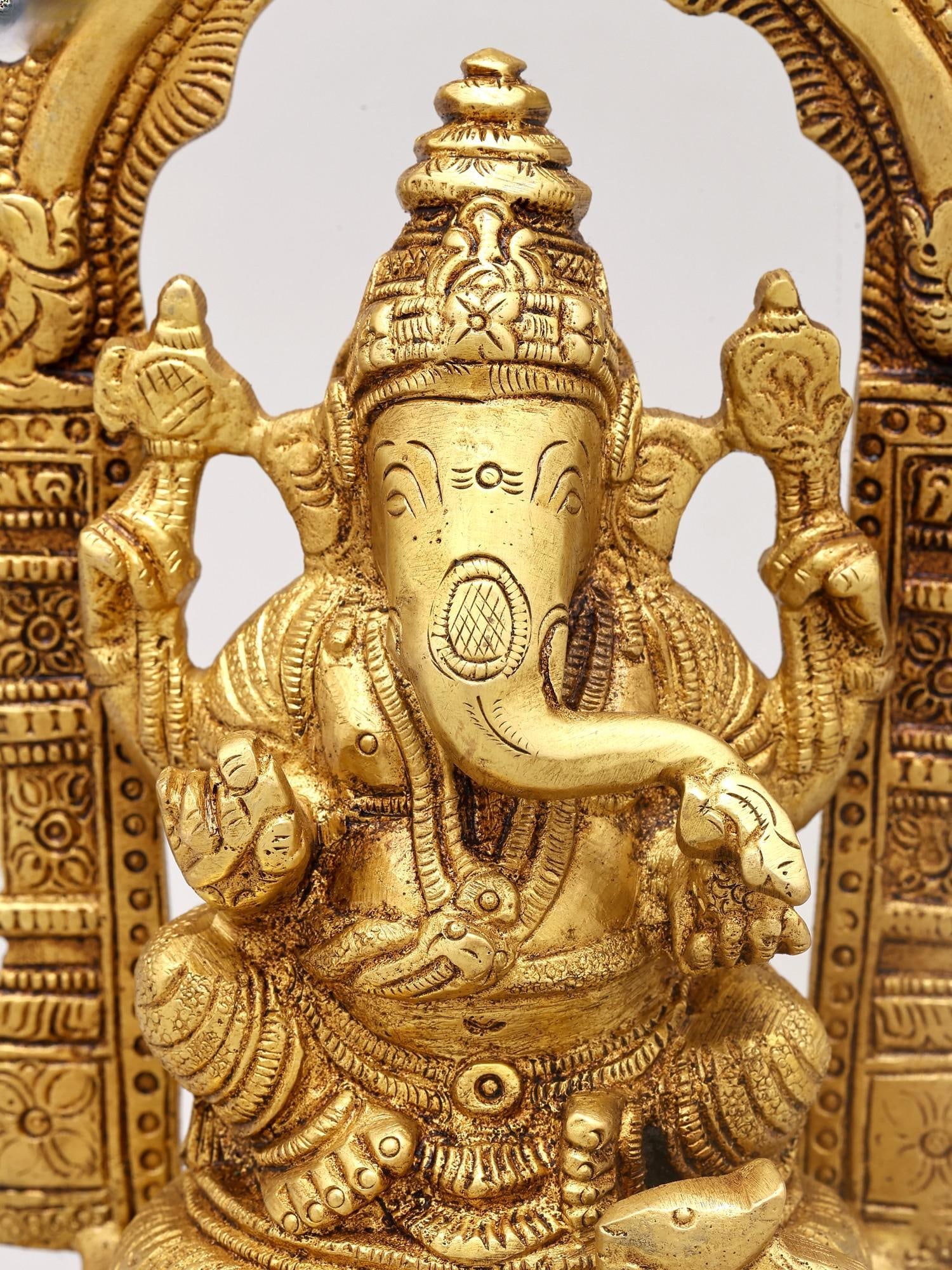 8" Chaturbhuja Lord Ganesha Seated on Kirtimukha Throne | Brass Statue - 2