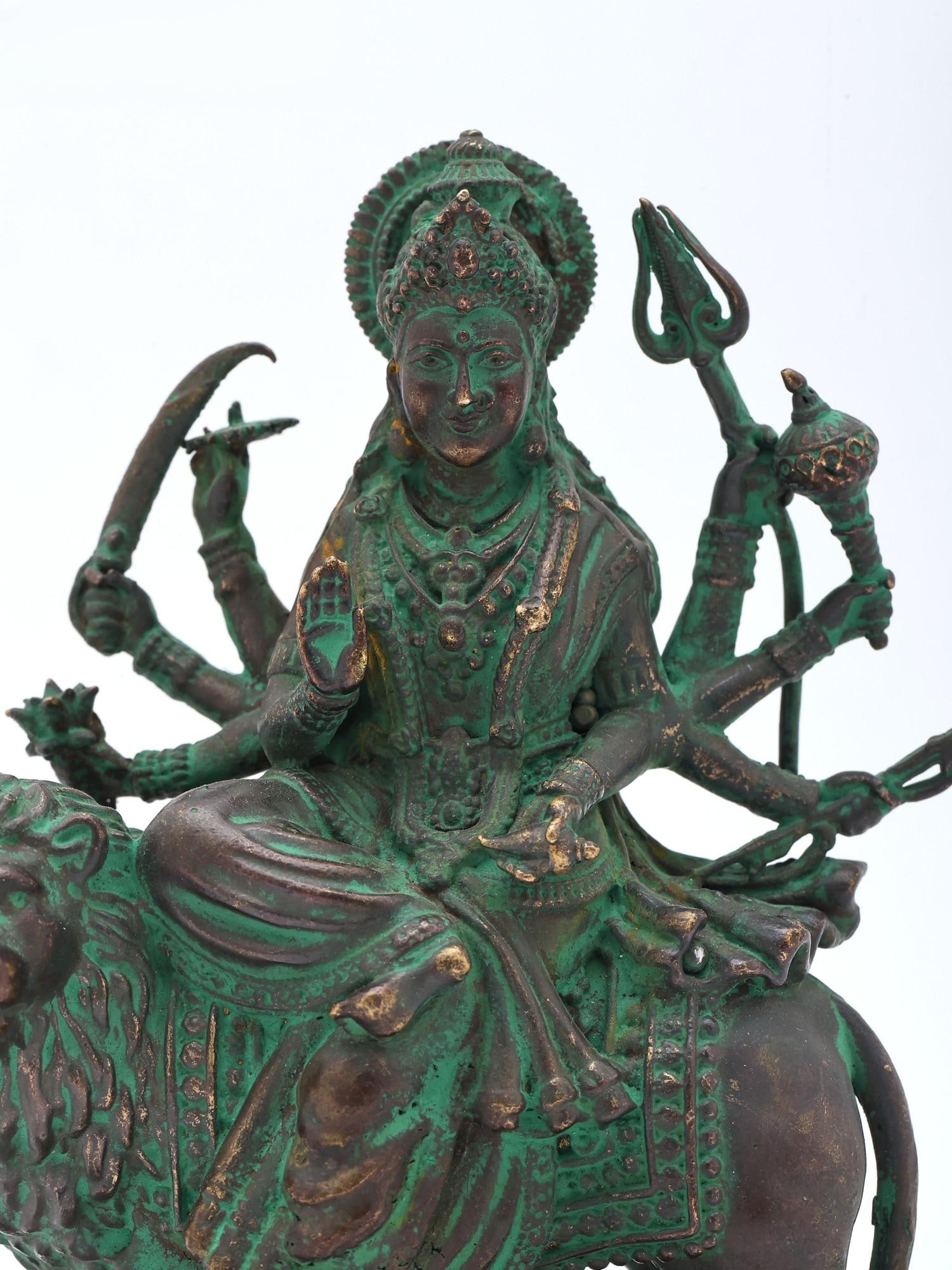 4" Small Ashtabhuja Goddess Durga with Lion | Handmade | Copper Statue | Made in India - 2