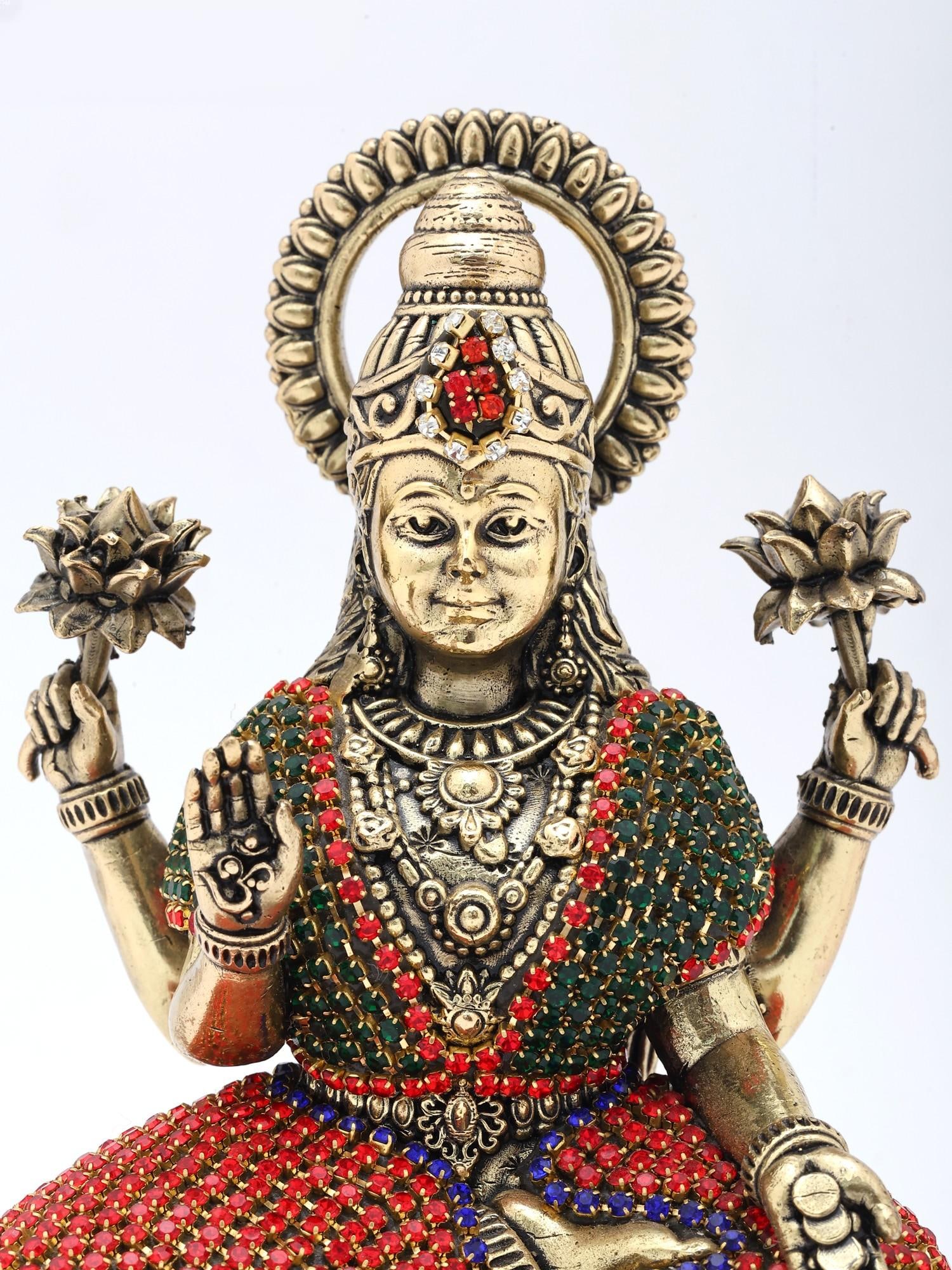 5" Small Four Armed Goddess Lakshmi Seated in Blessing Gesture | Copper Statue with Inlay Work - 2