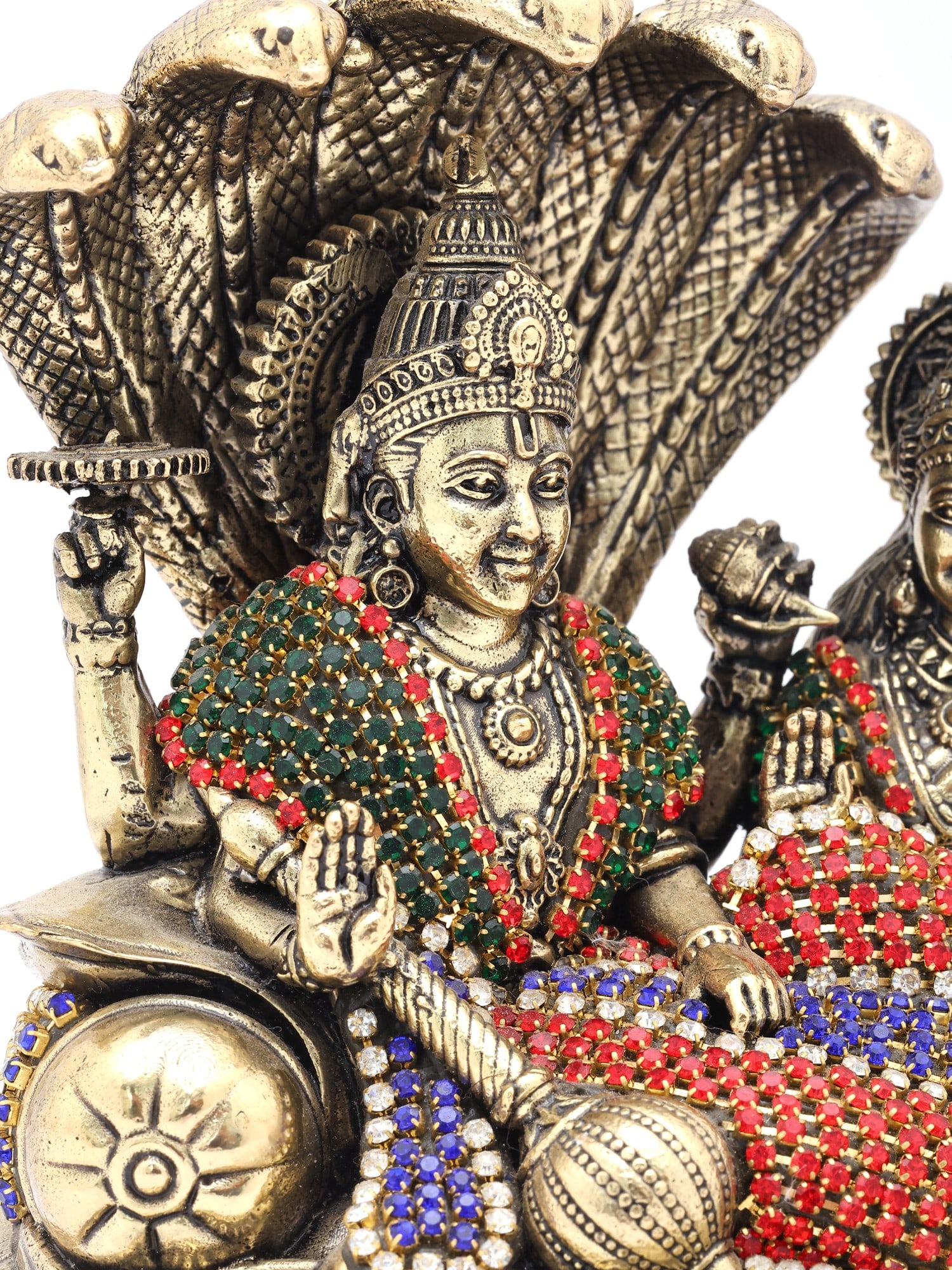 5" Small Sheshashayi Lord Vishnu Seated with Goddess Lakshmi | Copper Statue with Inlay Work - 2