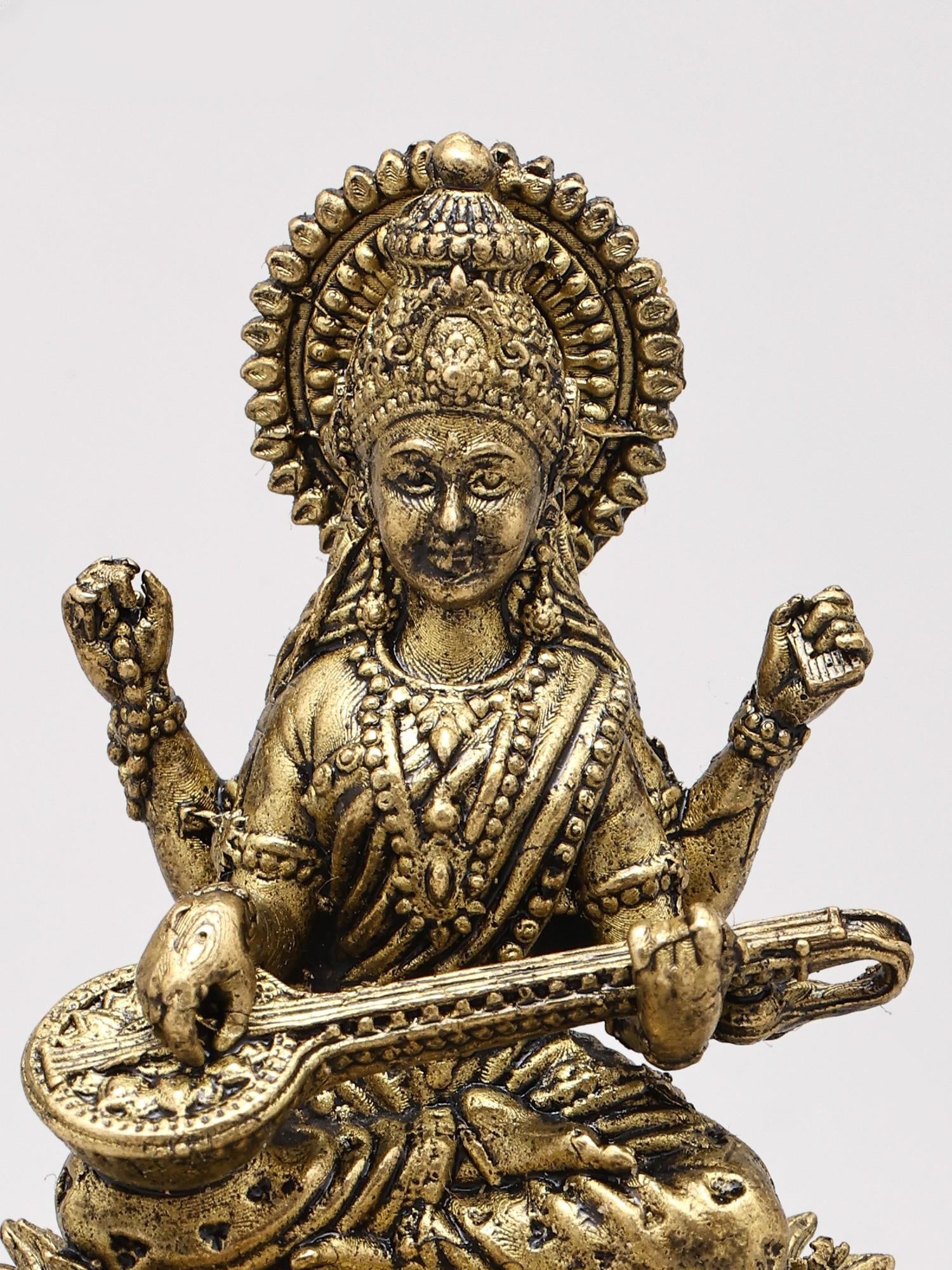 Small Goddess Saraswati Seated on Lotus with Veena | Copper Statue | Made in India - 2