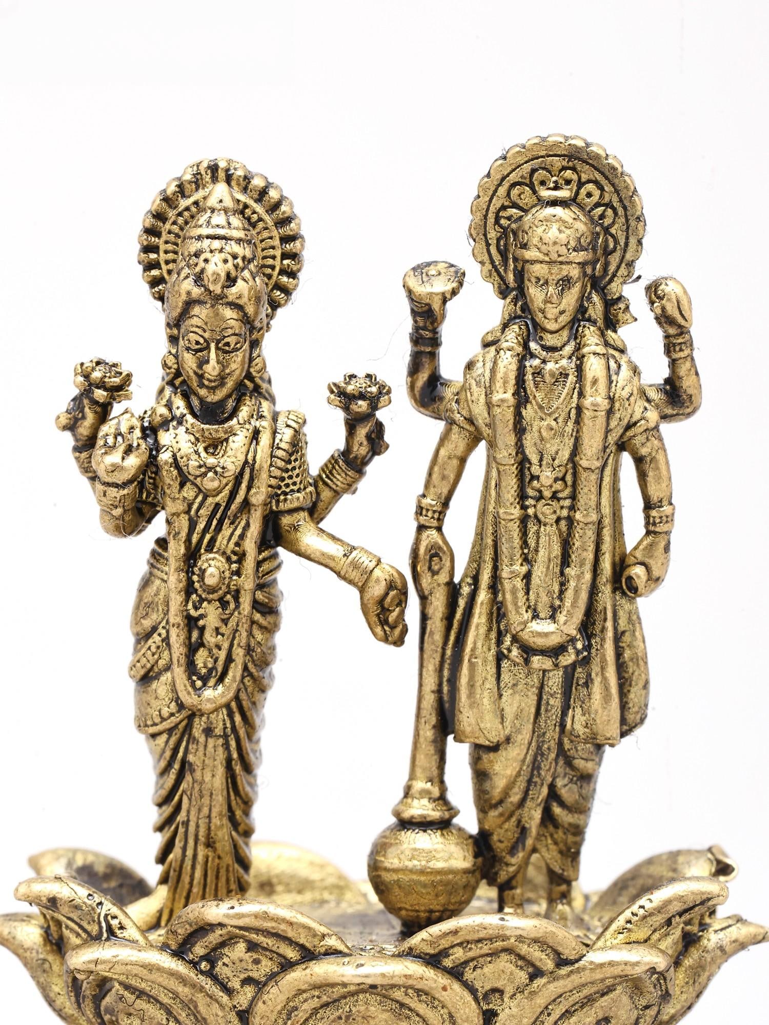 Small Lord Vishnu and Goddess Lakshmi Standing on Lotus (Lakshmi-Narayan) | Copper Statue | Made in - 2