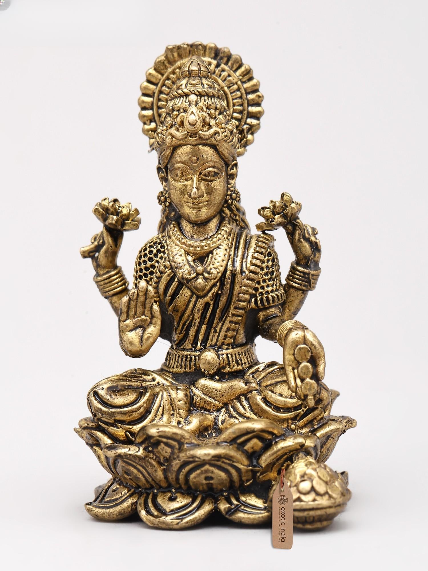 Small Goddess Dhanalakshmi Idol on Lotus - Goddess of Wealth | Copper Statue | Made in India (1 of 2)
