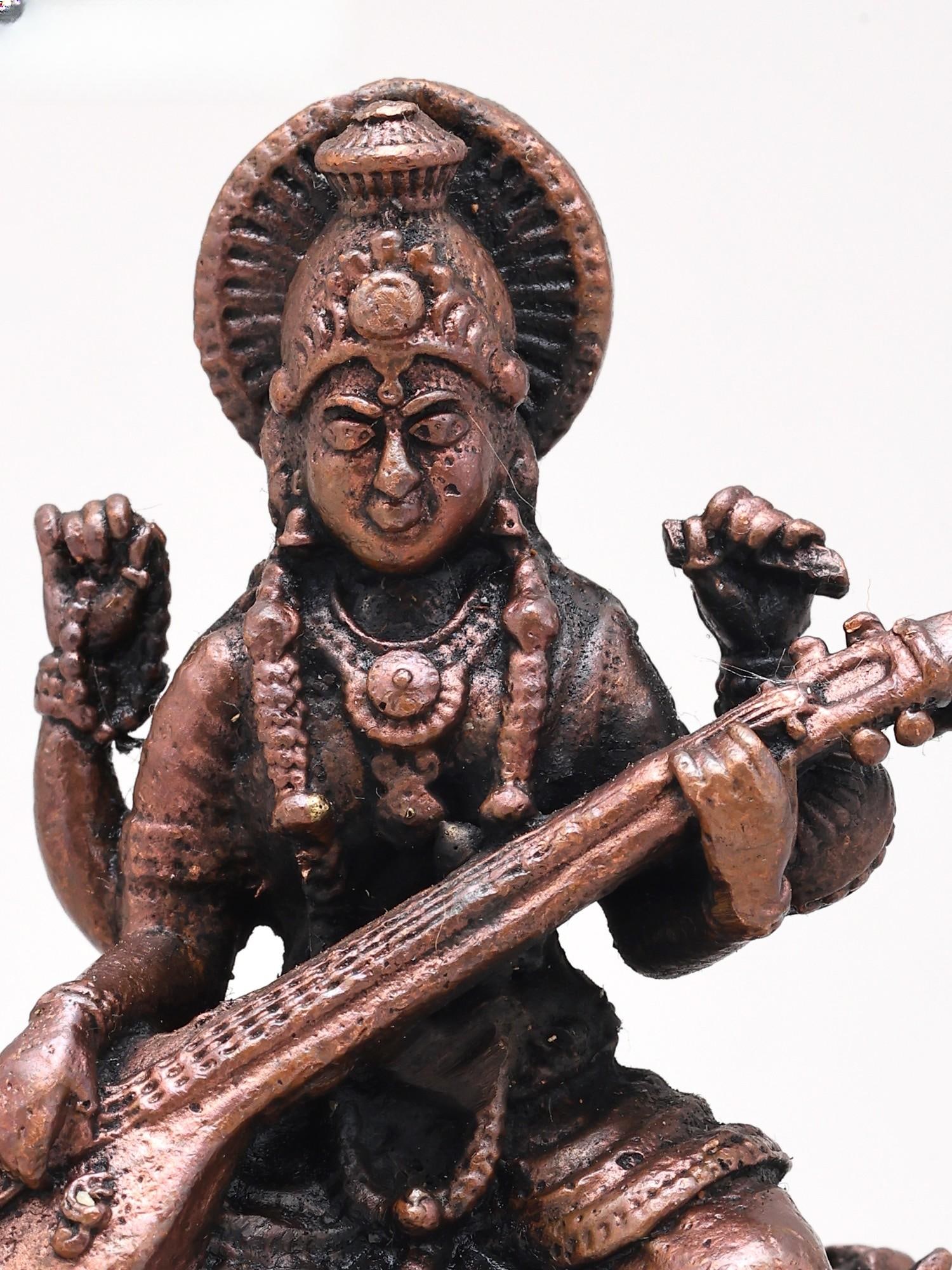 2" Small Chaturbhuj Goddess Saraswati with Sitar | Copper Statue | Made in India - 2