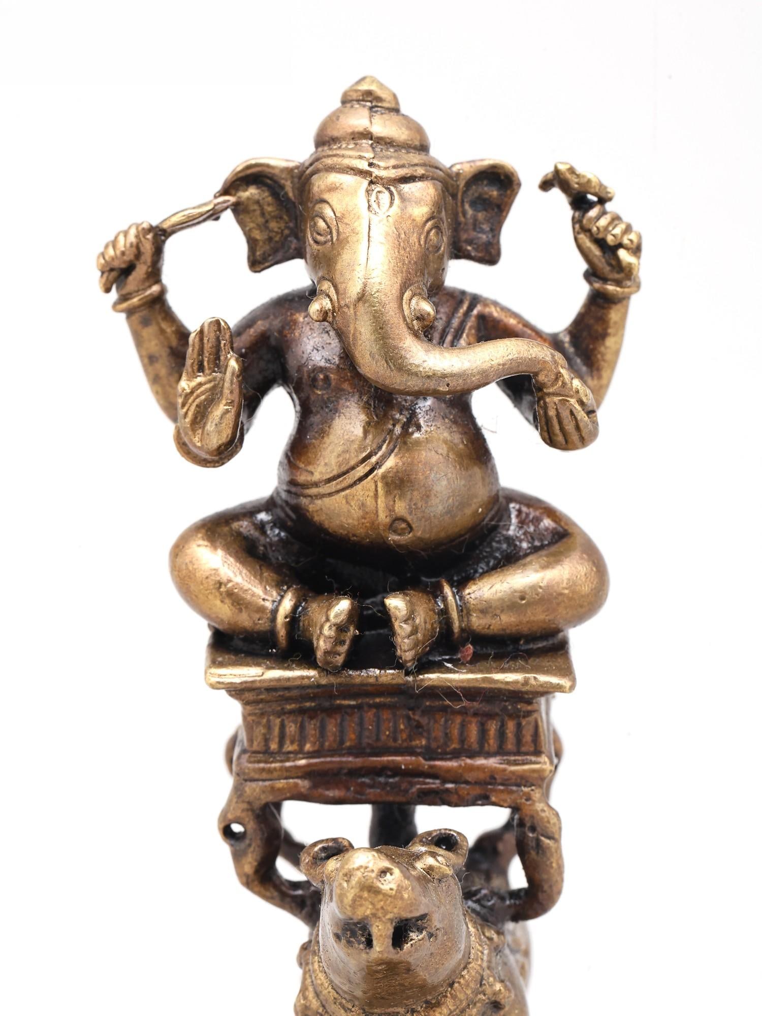 4" Small Lord Ganesha Seated on Mushak - Symbol of Strength and Wisdom - 2