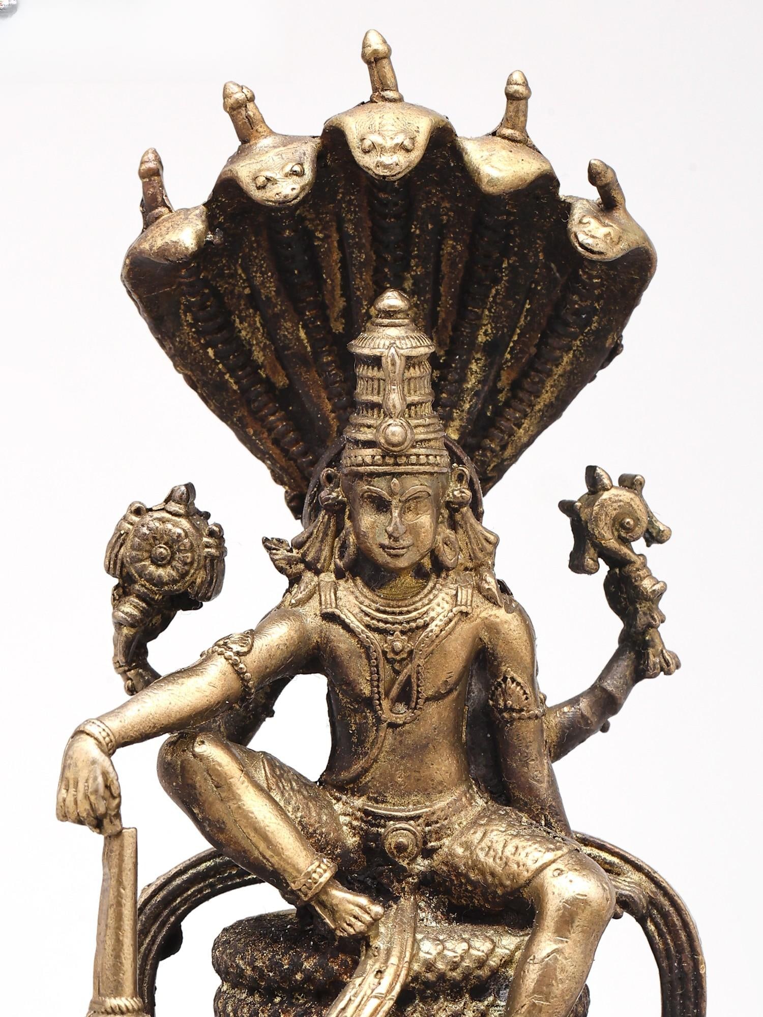 3" Small Four Armed Lord Vishnu Seated on Sheshnag Throne | Handmade | Copper Statue - 2
