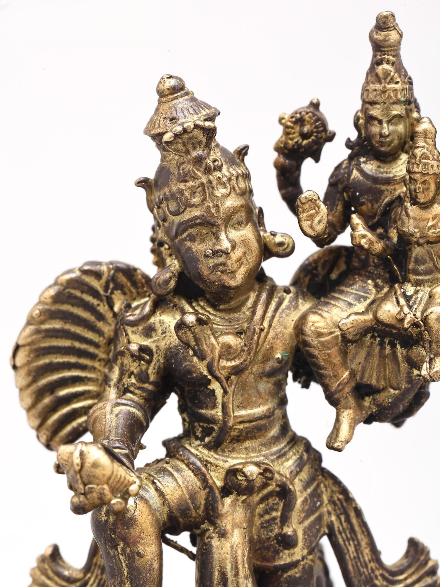 2" Small Garuda Dev Lifting Lord Vishnu and Goddess Lakshmi on Shoulder | Copper Statue | Made in - 2