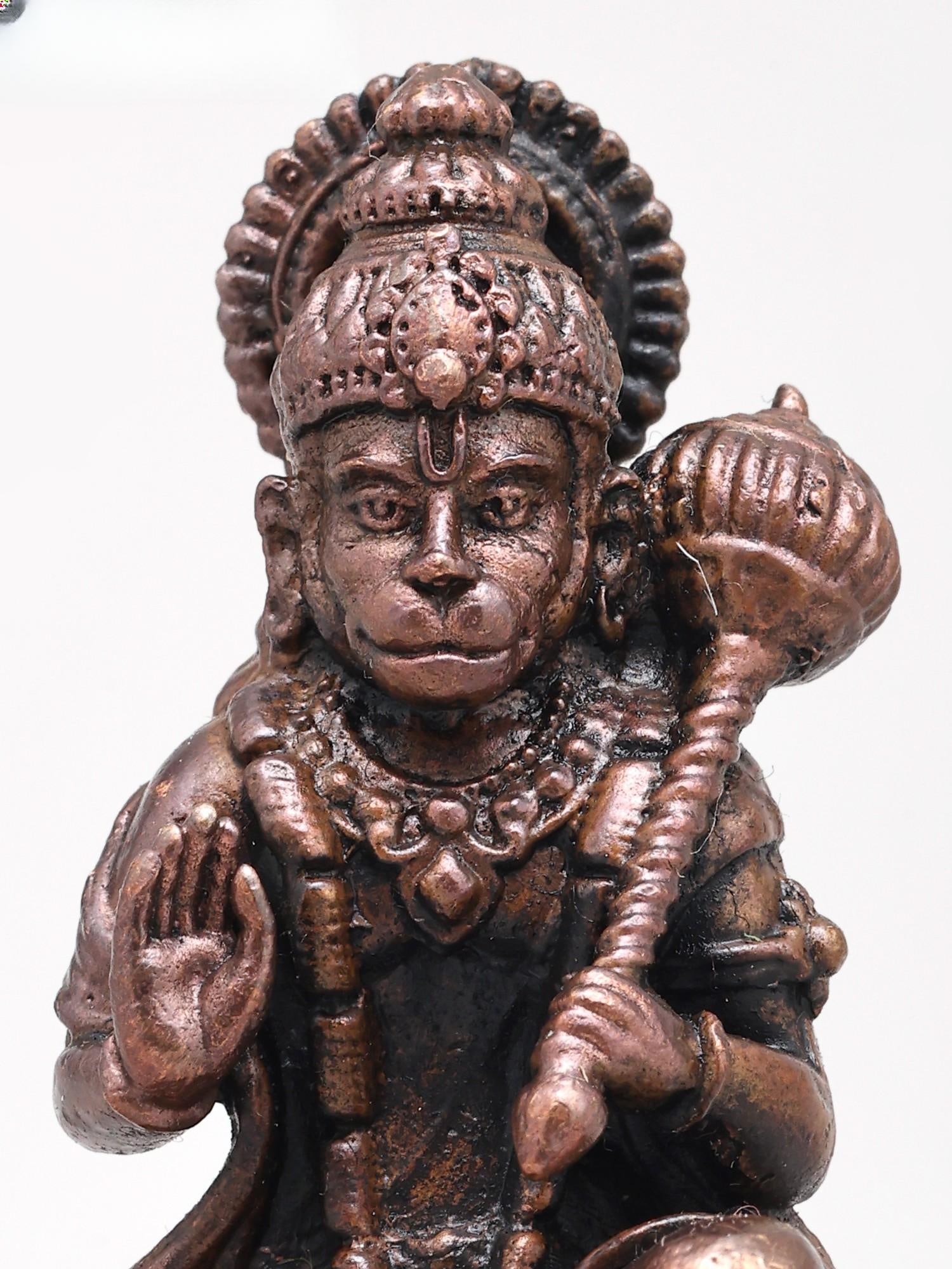2" Small Lord Hanuman Seated in Blessing Gesture with Mace | Copper Statue | Made in India - 2