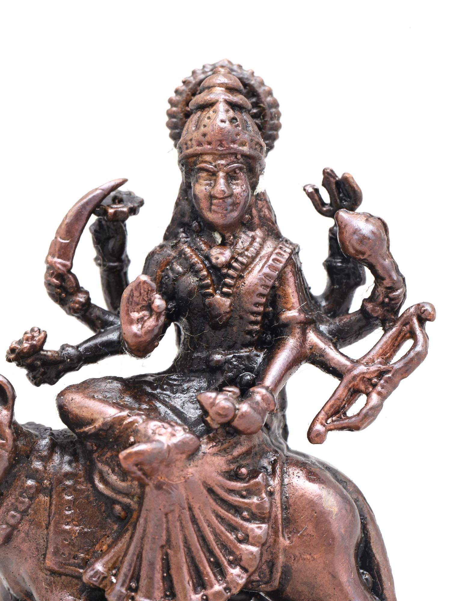 2" Small Goddess Durga Seated on Roaring Lion | Copper Statue | Made in India - 2