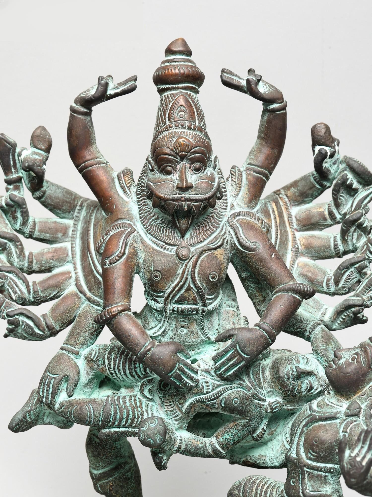 7" Eighteen Armed Lord Narasimha Killing The Demon Hiranyakashipu | Bronze Statue - 2