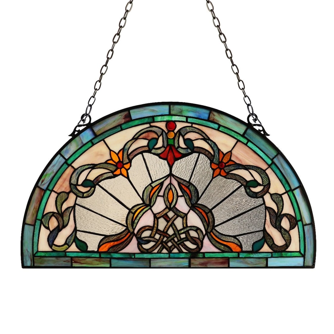24" Tiffany Style Stained Glass Window Panel Victorian Semi Circle: Tiffany-style reproduction stained glass window panel in a Victorian semi-circle design, intended for hanging in a window or as decorative wall glass. Panels of this type are inspired by late 19th and