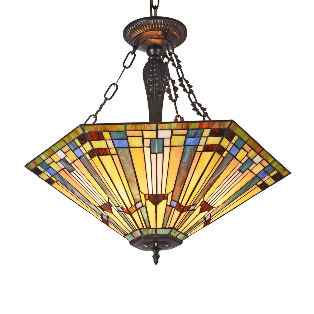 24.4" 3 Light Stained Glass Hanging Inverted Pendant Ceiling Uplight: (3) 100 Watt max E26 Type A Bulb (not included) 24.4" Width 21.8 Height 83" Max Hanging Illuminate your space with the timeless beauty of our reproduction Traditional Mission-Style inverted hanging li