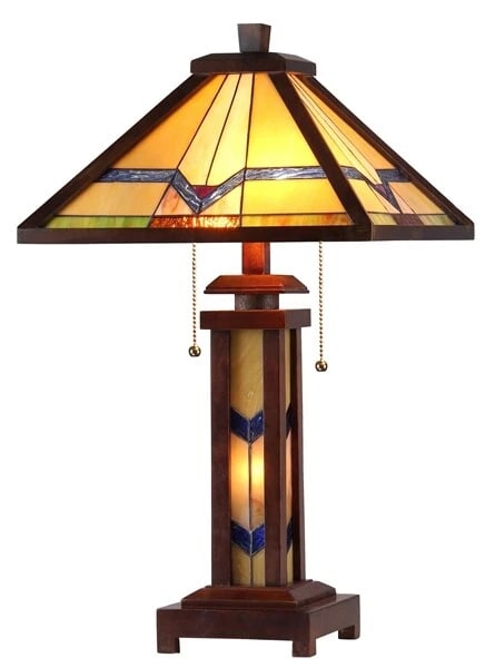 25.6 3 light Stained Glass Wood Mission Table Lamp: 25.6" High 15" Wide Shade Illuminate your space with the timeless beauty of our reproduction Traditional Mission-Style Table Lamp. This exquisite lamp features a hand-made stained glass shade and a il