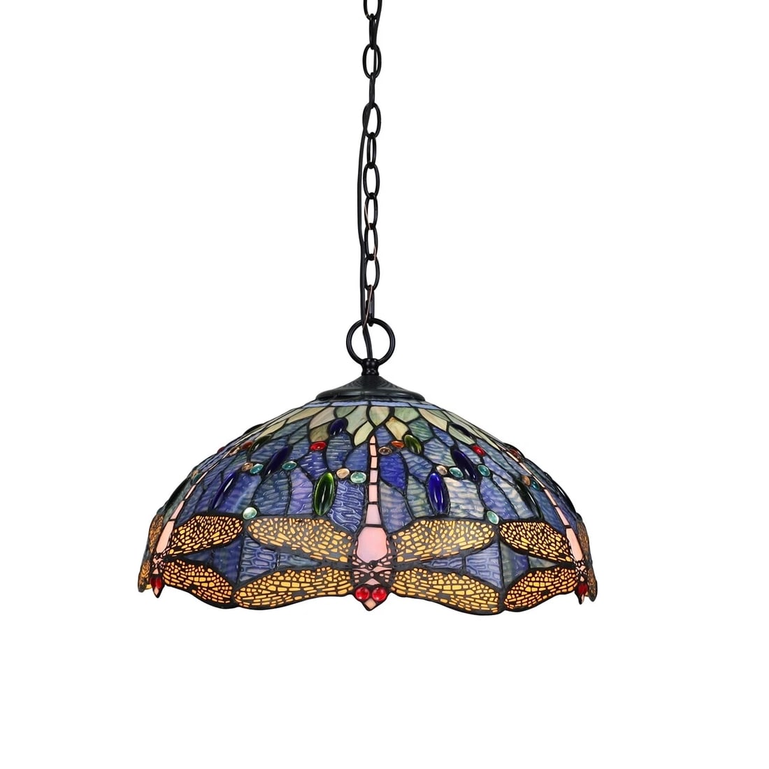18" Stained Glass Blue Dragonfly Pendant Swag Ceiling Light: 3 socket 100w max each socket. LED recommended. 18" wide This stunning reproduction 18" stained glass dragonfly shade adds a touch of timeless beauty to any room. Illuminate your home with style and s