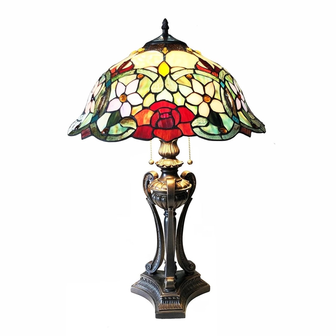 26" Stained Glass Rose Floral Table Lamp: 26" Tall x 17" wide Illuminate your space with the timeless beauty of our reproduction table lamp. This exquisite lamp features a hand-made stained glass shade Ideal for adorning bedside tables, foyer