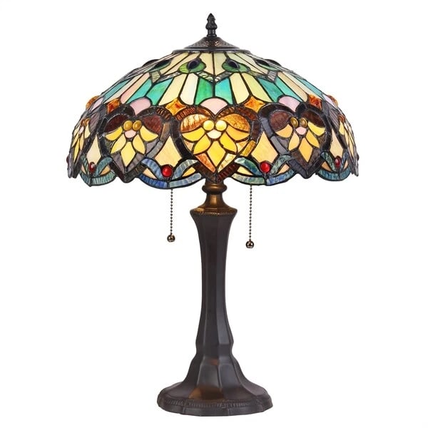 21.7" Stained Glass Table Lamp: 16.1" W x 21.7" H Illuminate your space with the timeless beauty of our reproduction stained glass table Lamp. This exquisite lamp features a hand-made stained glass shade. These captivating reproduct