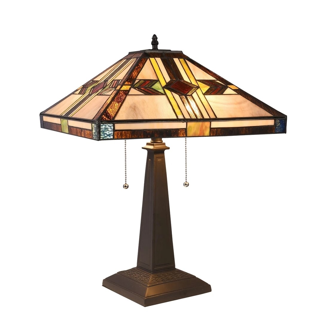 21.85" 2 Light Pull Chain Stained Glass Mission Table Lamp: 21.85" High 16.14" Wide Shade Illuminate your space with the timeless beauty of our reproduction Traditional Mission-Style Table Lamp. This exquisite lamp features a hand-made stained glass shade. The