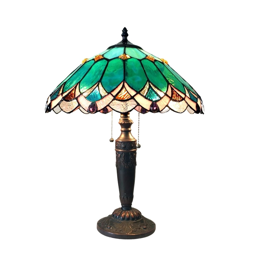 21" Stained Glass Table Lamp: 21" H x 16" W Illuminate your space with the timeless beauty of our reproduction stained glass table Lamp. This exquisite lamp features a hand-made stained glass shade. These captivating reproduction 