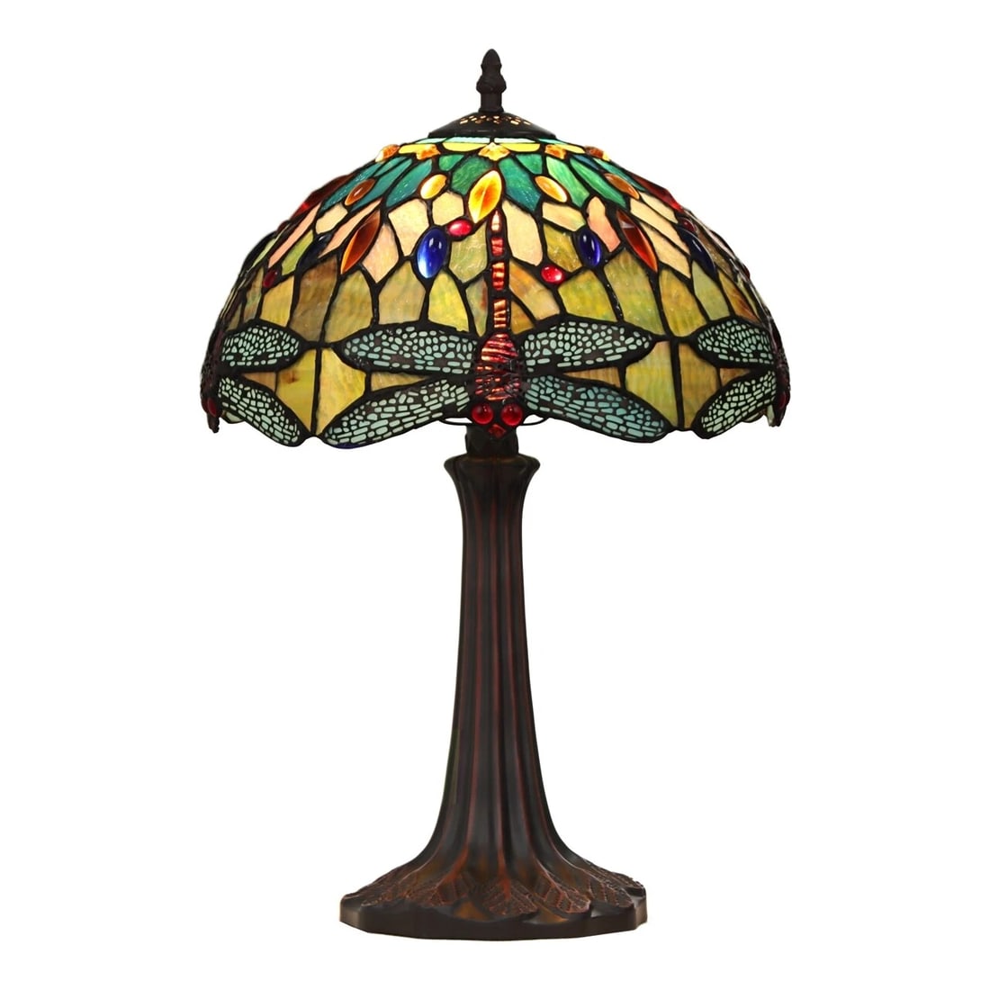 18" Stained Glass Dragonfly Table Lamp: 18" Tall x 12" Introducing the reproduction dragonfly design Tiffany-style single lit top table lamp. Stunning work of art that combines traditional craftsmanship with modern functionality. This lamp 