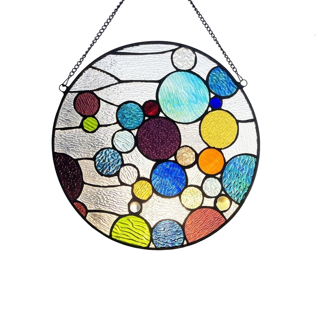 13" Round Stained Glass Bubble Window Panel Suncatcher: Description 13" Wide Such a wonderful reproduction stained glass window panel. This panel is a true testament to the beauty and craftsmanship of stained glass art, and it is the perfect addition to an