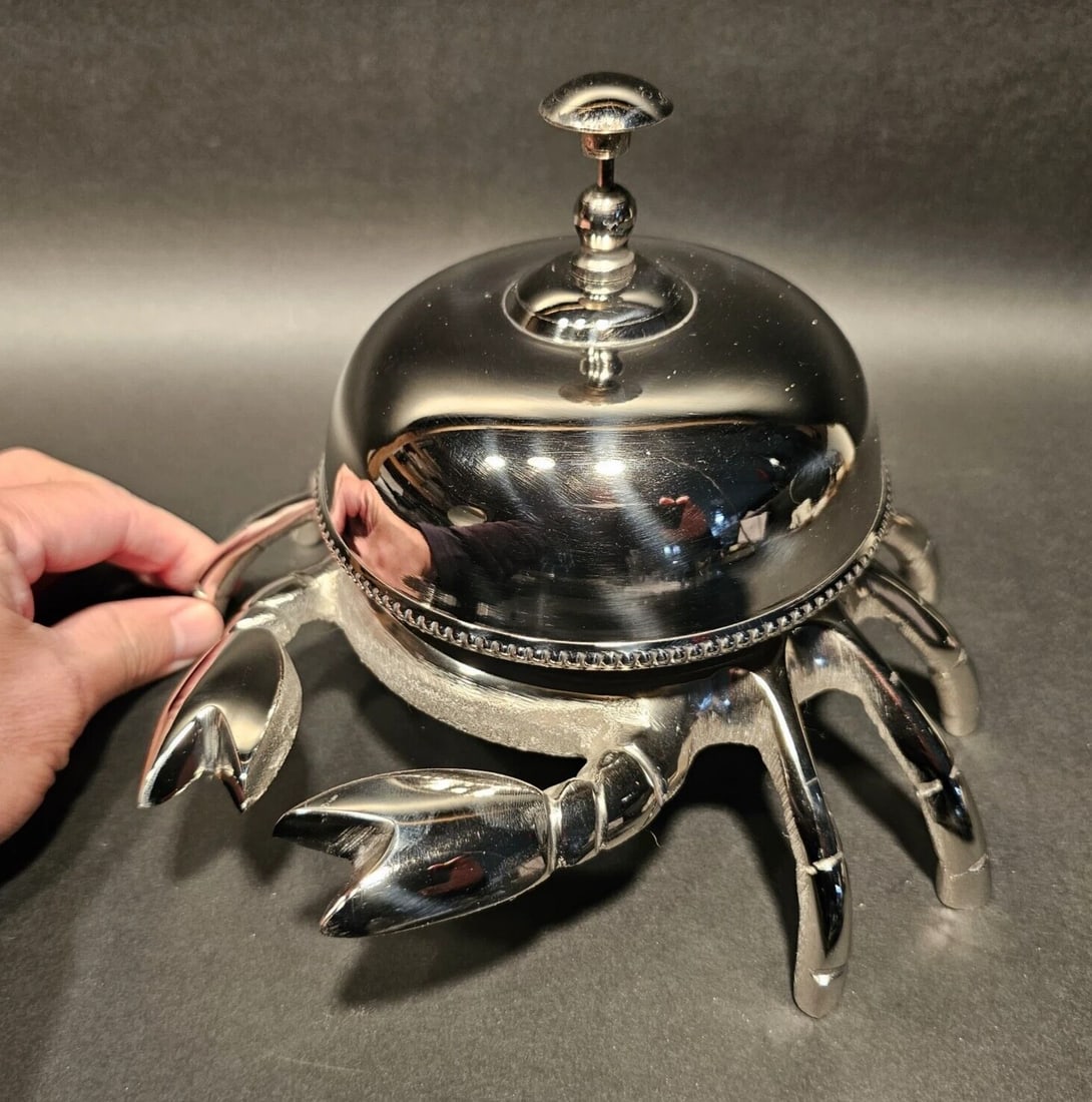 Silver Brass Crab Table or Floor Desk Bell: 8 1/2" Wide 6 1/2" Tall Just wonderful huge antique reproduction brass bell Nikel or chrome plated to make it polished silver in color. Fully functional, great for use or display! Charming intricate