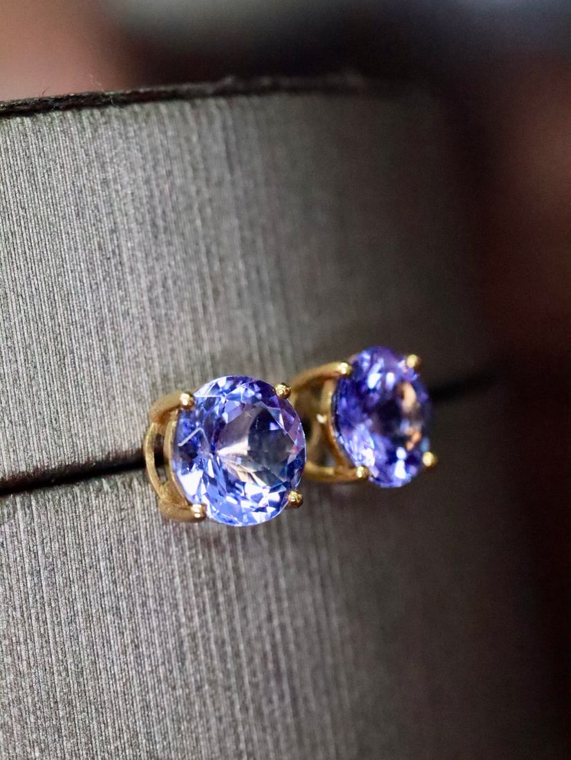 18K Gold Natural Tanzanite Earrings - 2
