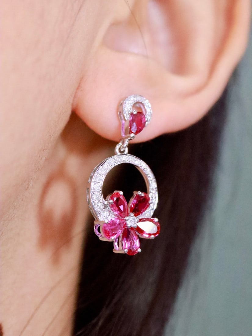 18K Gold Natural Unheated Ruby Earrings - 4