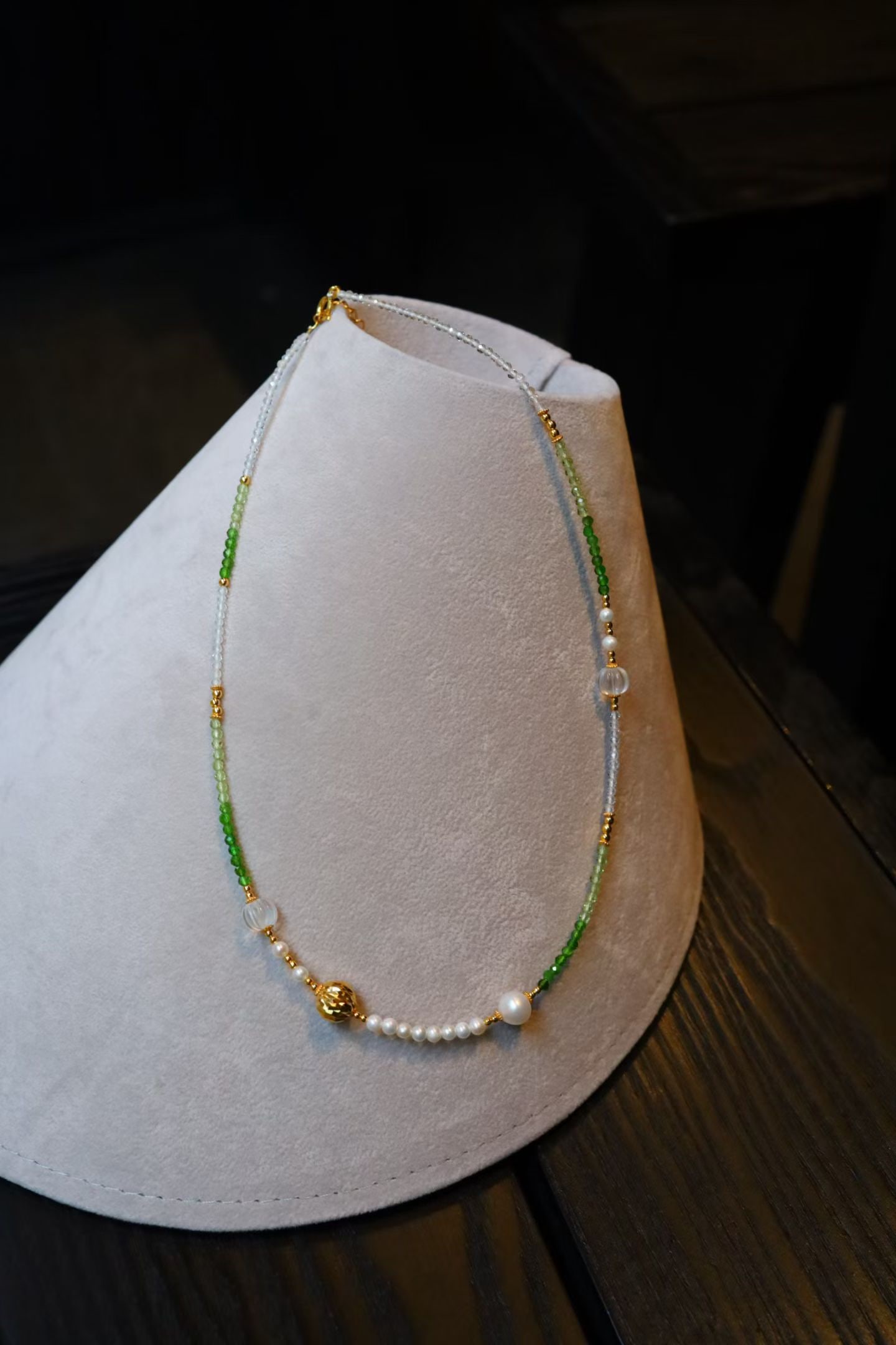 Silver Diopside Peridot White Topaz Pearl Necklace - 7