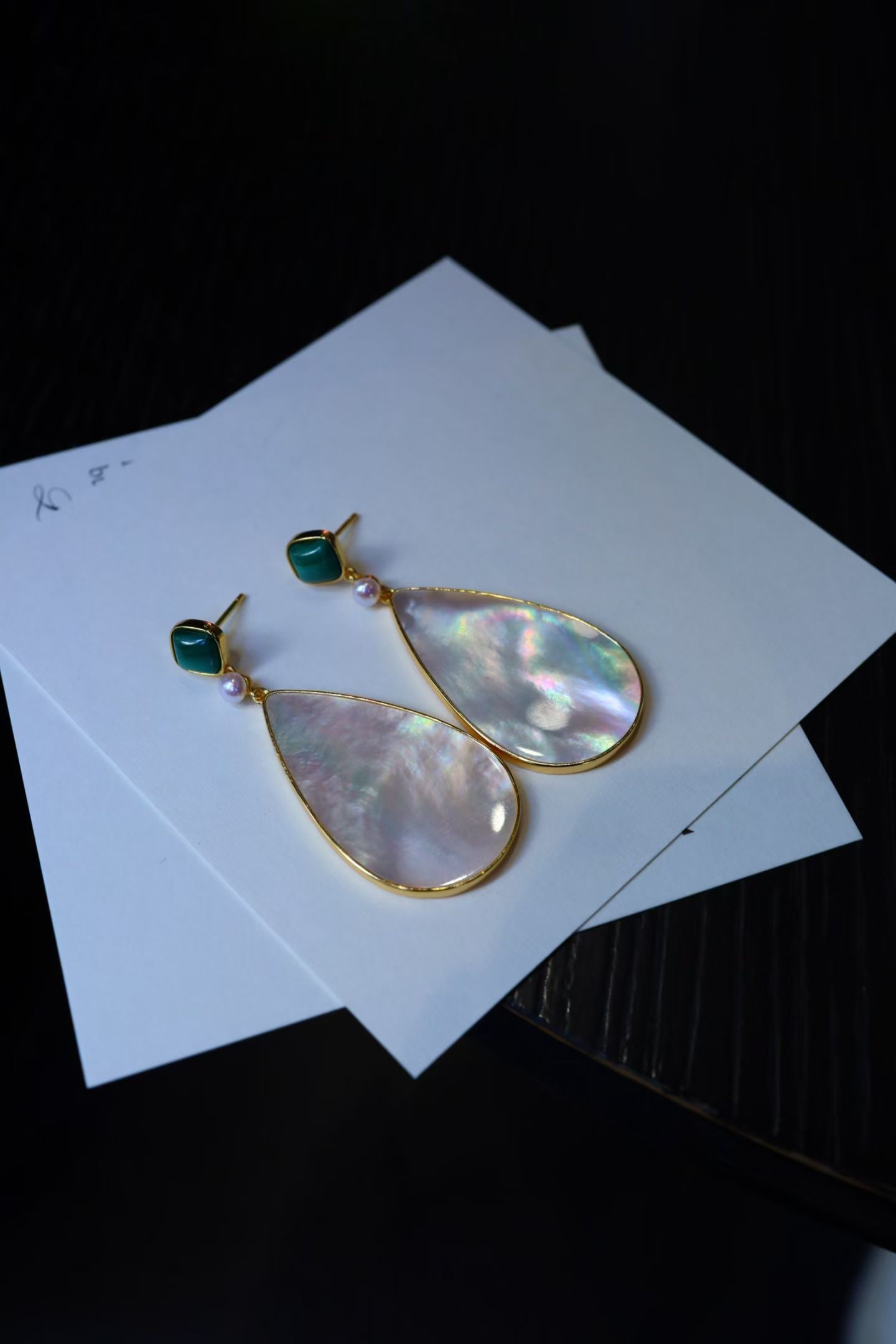 Silver Malachite and White Mother-of-Pearl Earrings - 3
