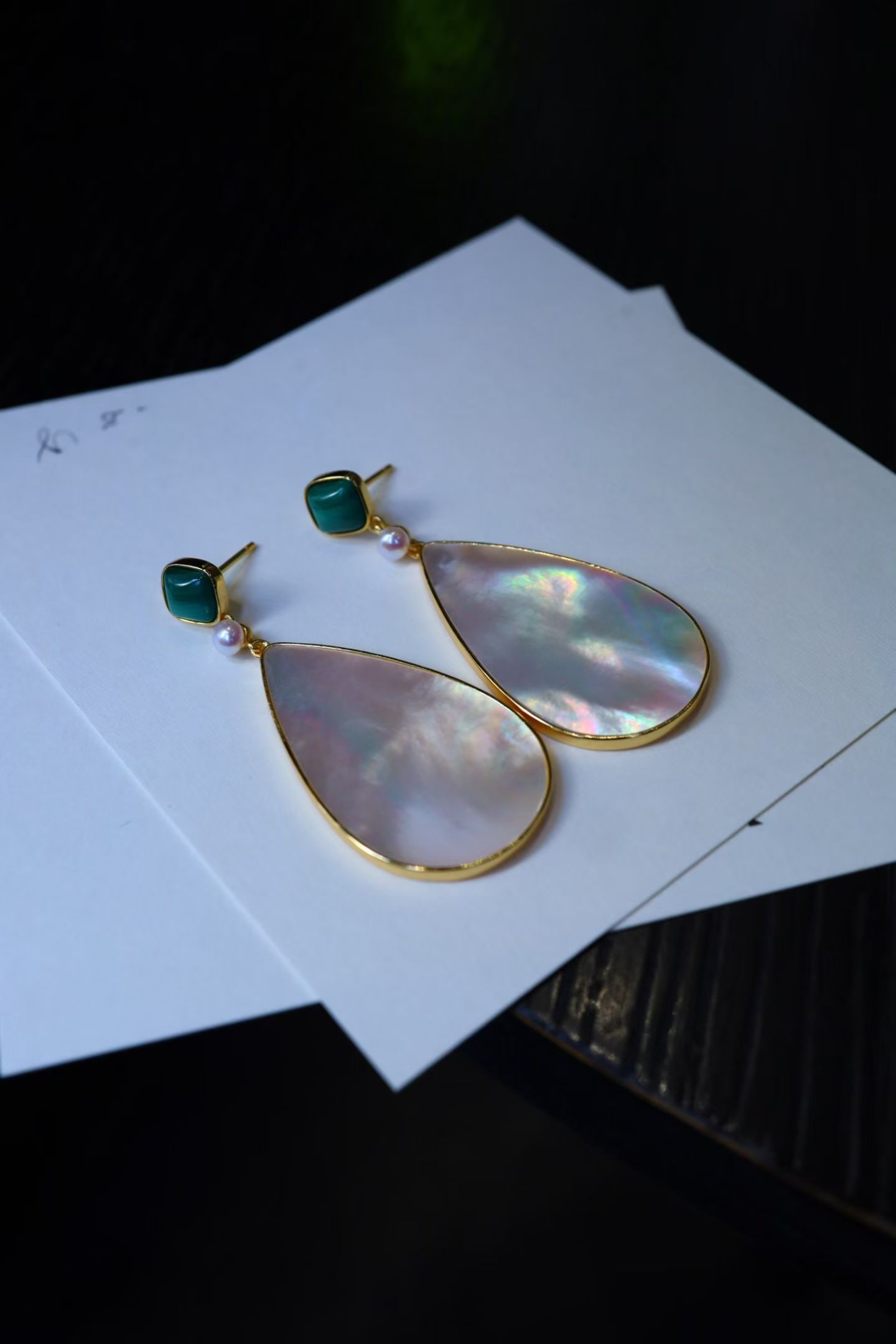 Silver Malachite and White Mother-of-Pearl Earrings - 4