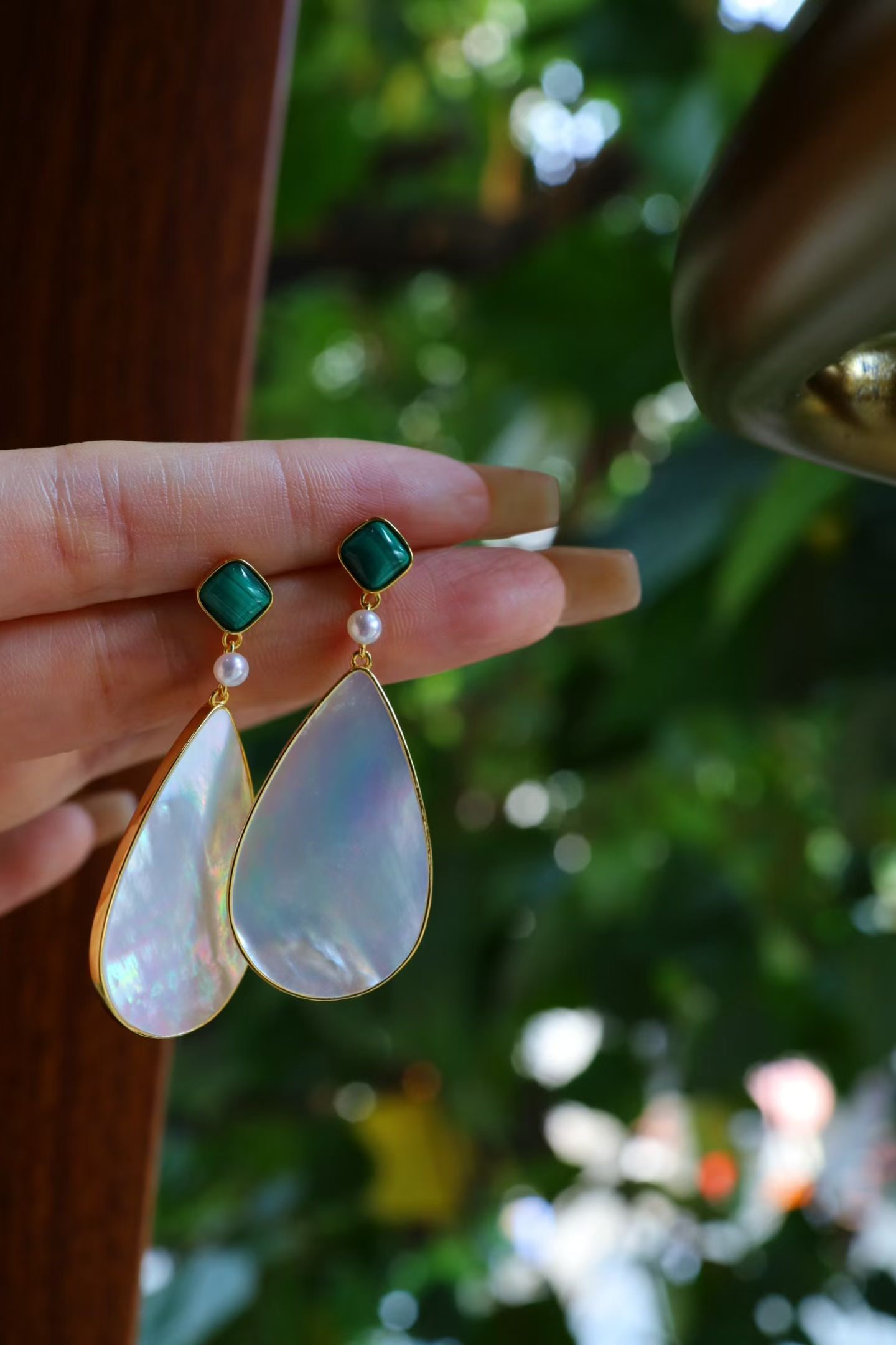 Silver Malachite and White Mother-of-Pearl Earrings - 6