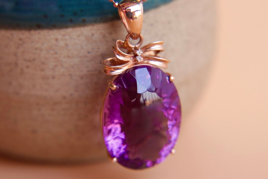 18K Gold Amethyst Diamond Pendant - 5