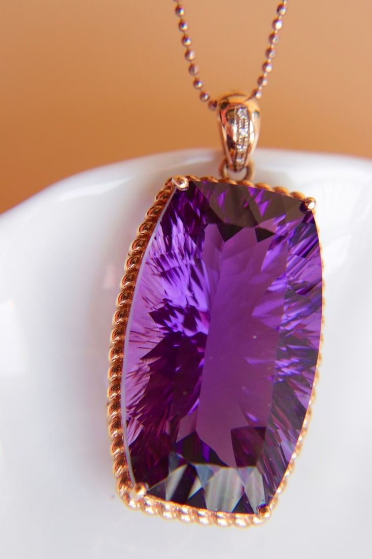 18K Gold Amethyst Diamond Pendant - 2