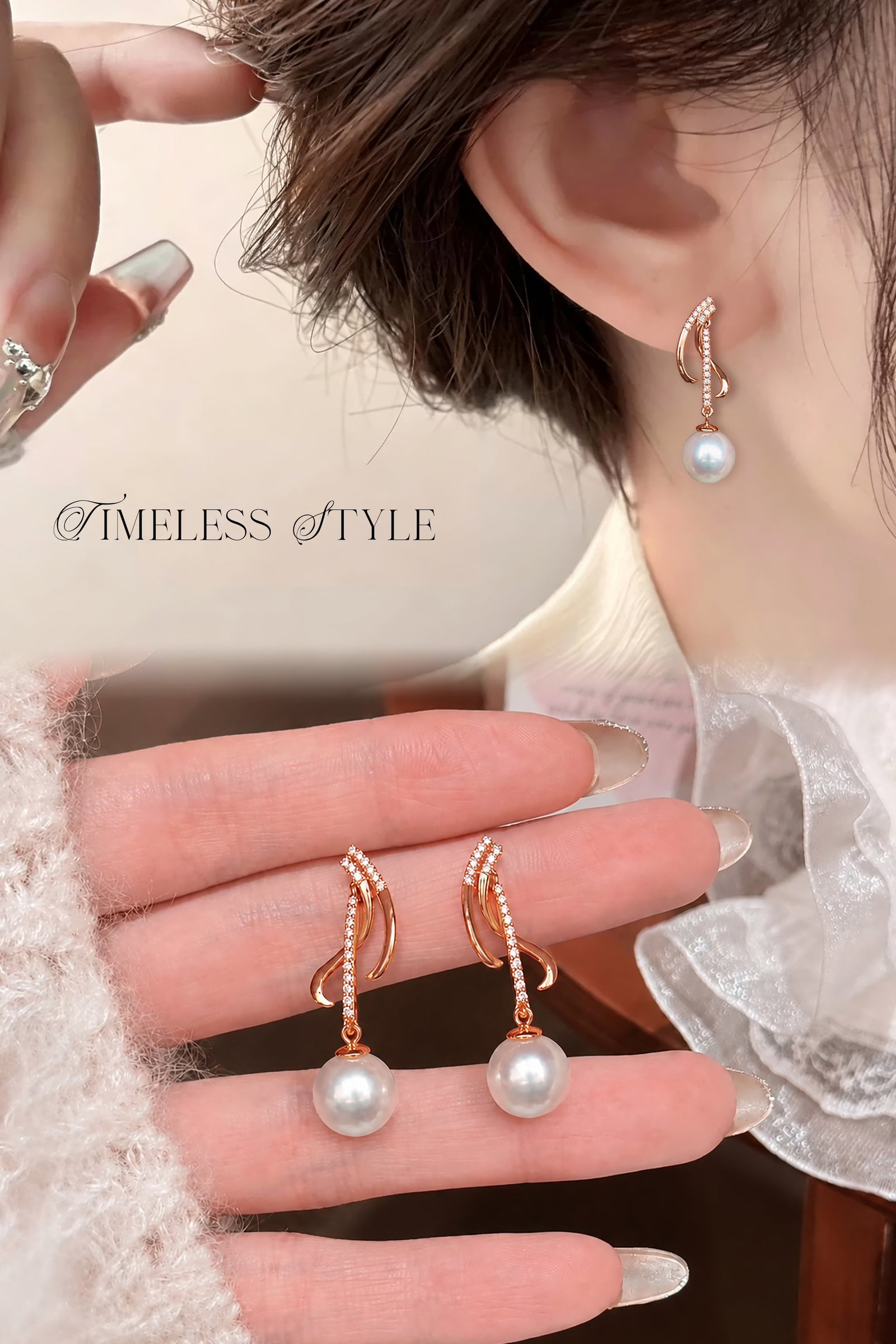 18K Gold Diamond Pearl Earrings - 3