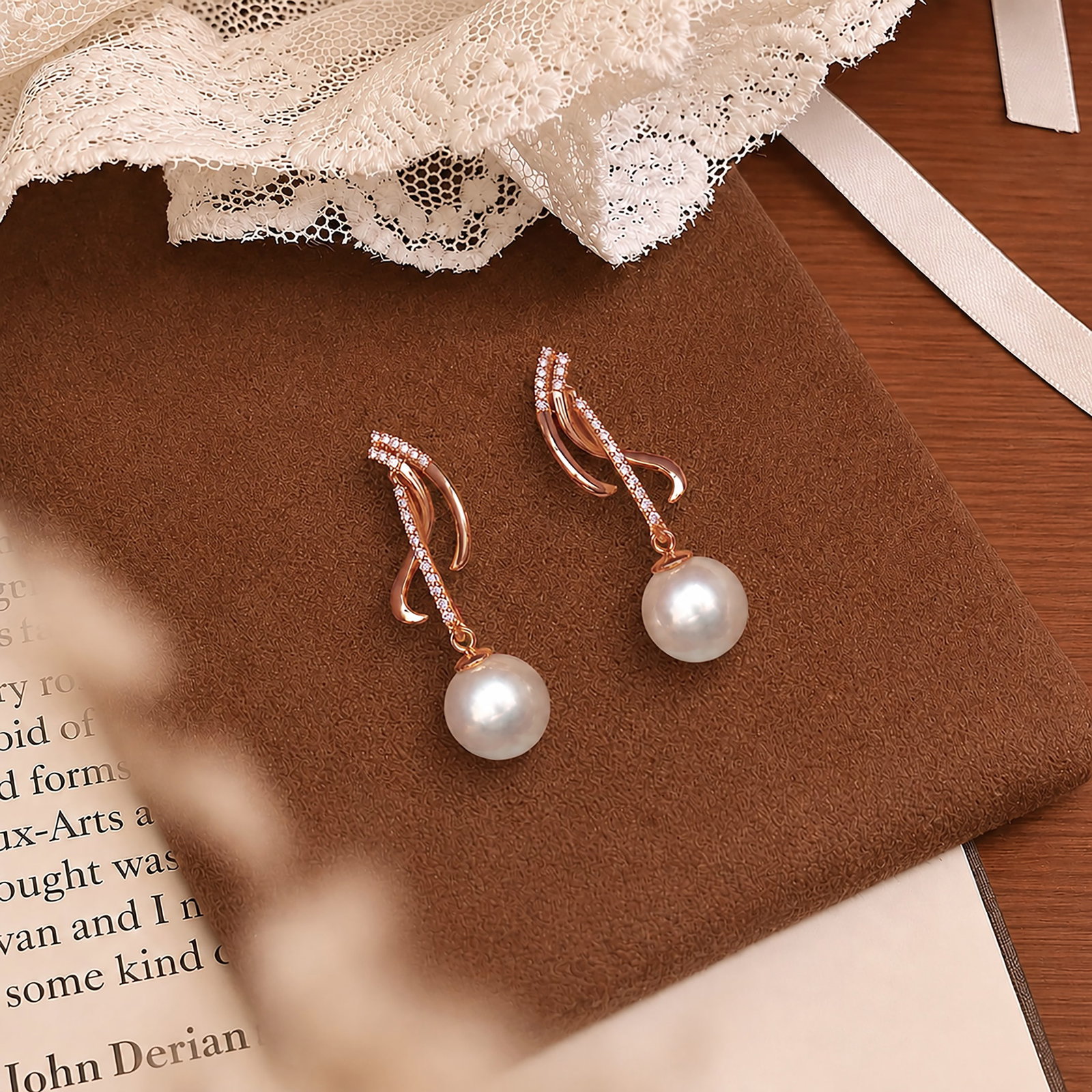 18K Gold Diamond Pearl Earrings - 8