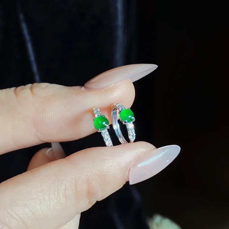 18K Gold Jadeite Diamond Earrings - 2