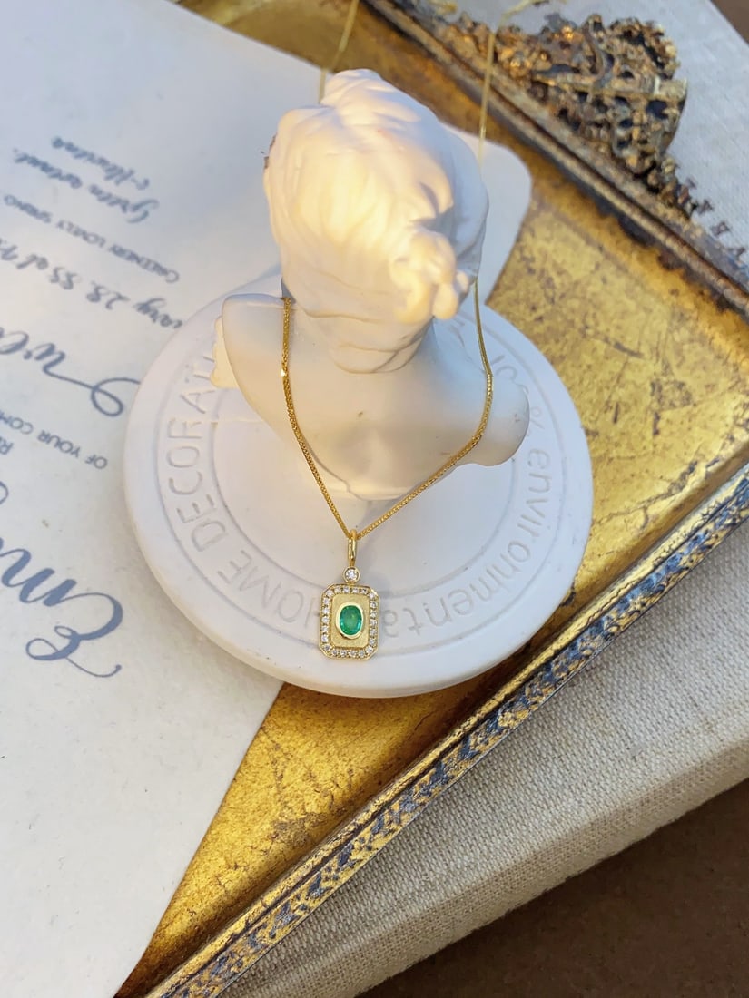 18K Gold Emerald Diamond Pendant - 2
