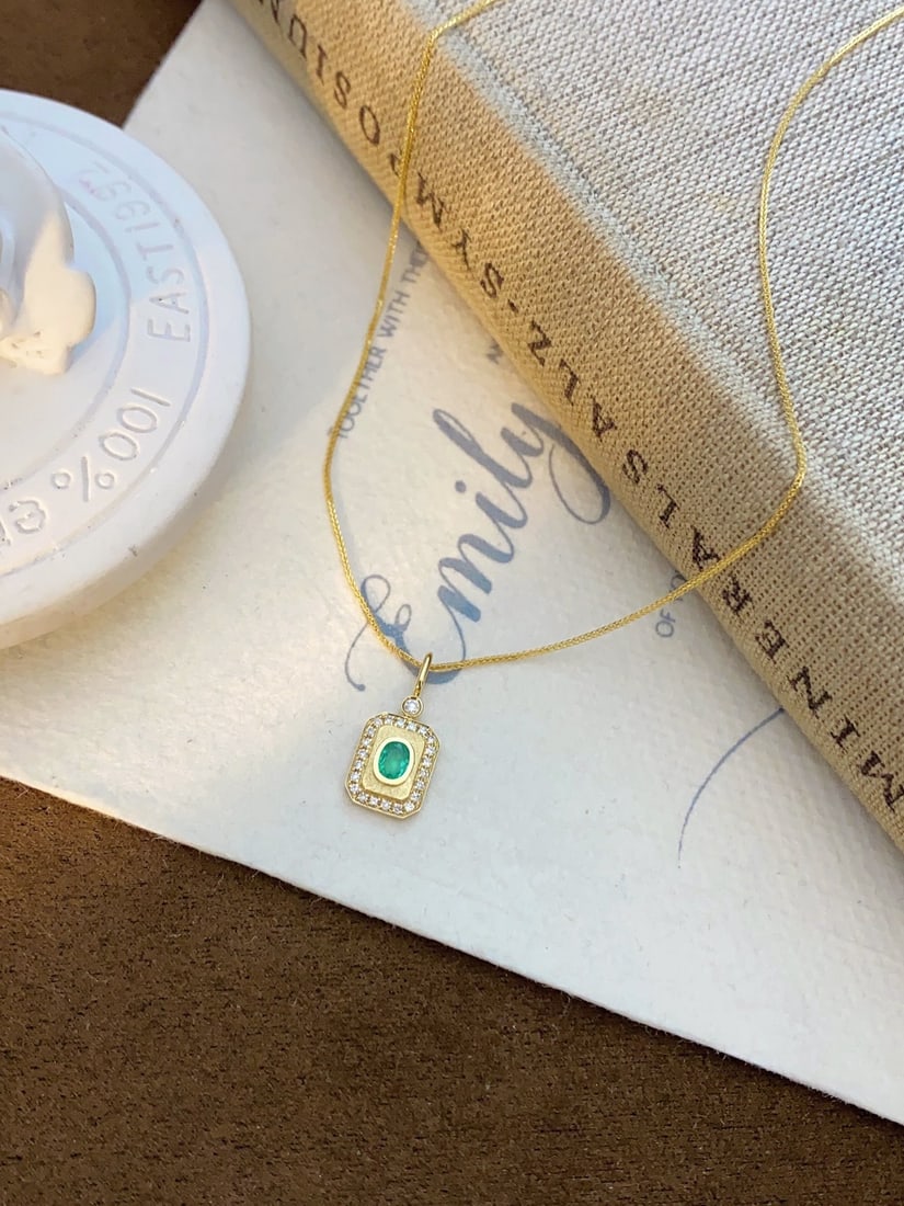 18K Gold Emerald Diamond Pendant - 3