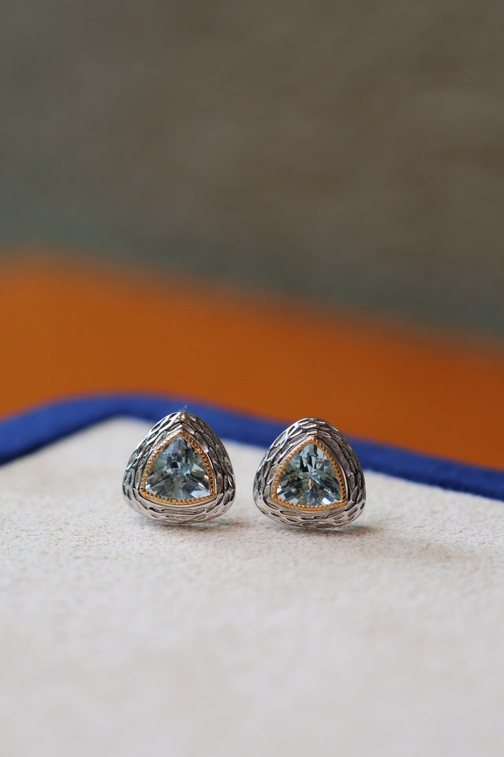 18K Gold Natural Aquamarine Earrings - 2