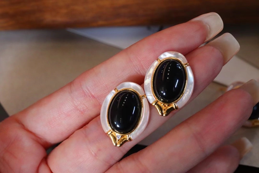 Natural Black Onyx and White Mother-of-Pearl Earrings - 2