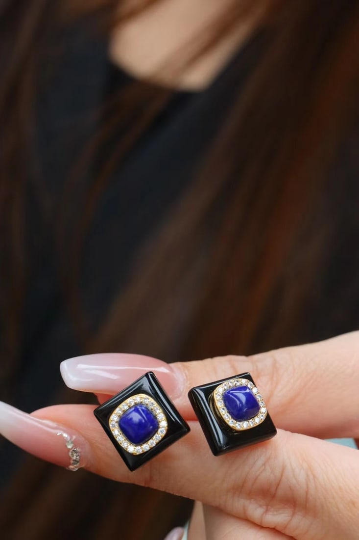 Natural Black Agate Lapis Lazuli Earrings - 2