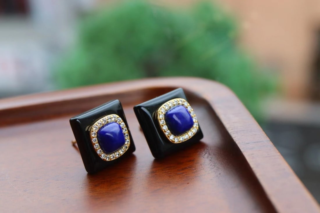 Natural Black Agate Lapis Lazuli Earrings - 7
